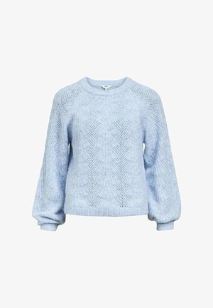 Lichtblauwe gebreide trui met een textuurpatroon, raglanmouwen en een ribgebreid zoom. Beschikt over een ronde hals en een losvallend ontwerp.