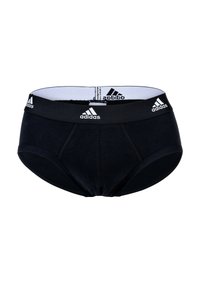Svarta bomullsbriefs med bred elastisk midjeresår med Adidas-logotypen i vitt. Mjuk textur, enfärgad, sportig design.