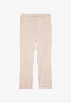 Beige gerade geschnittene Hose mit Knopf- und Reißverschluss, seitlichen Taschen und umgeschlagenen Säumen.