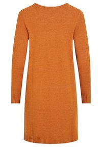 Robe en maille orange unie, manches longues, longueur genou, avec poignets et ourlet côtelés, vue de dos.