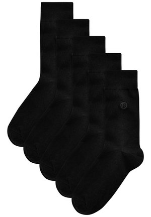 Fünf Paar schwarze Socken aus einem glatten, dehnbaren Stoff. Jede Socke verfügt über einen gerippten Bund und einen verstärkten Zehenbereich.