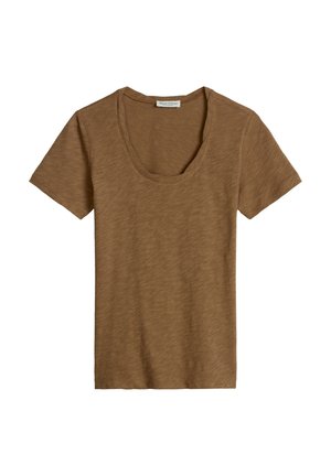 Braunes T-Shirt mit kurzen Ärmeln und Rundhalsausschnitt sowie einer dezenten melierten Textur, flach auf weißem Hintergrund liegend.