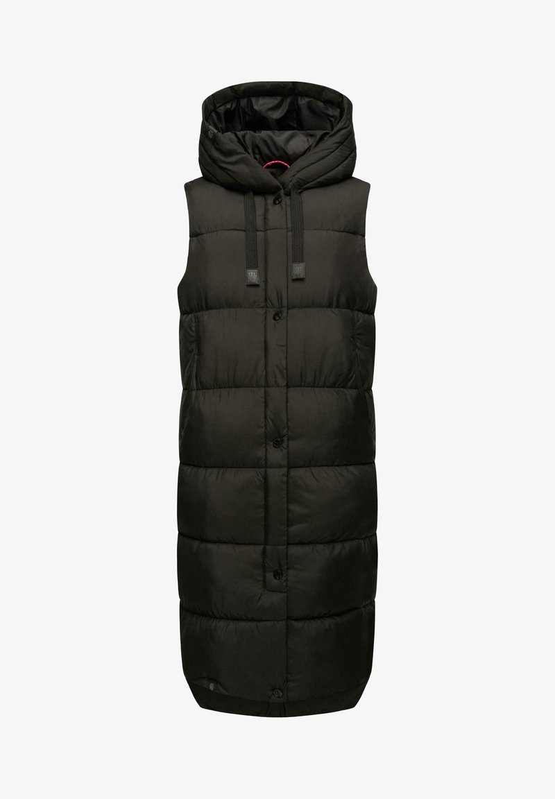 Čierna bezrukávová páperová vesta s kapucňou, s prešívanými časťami, prednými gombíkmi a nastaviteľnými šnúrkami na výstrihu.