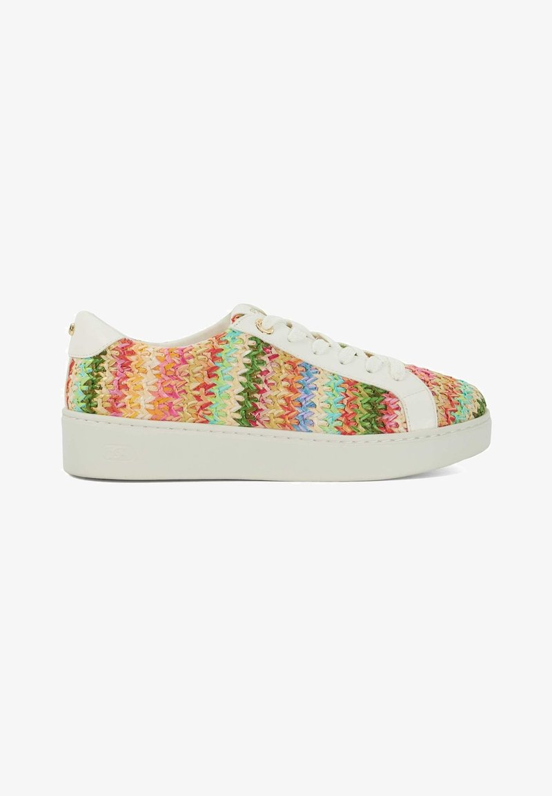 Baskets basses avec semelle blanche et lacets, tige tissée multicolore en motif chevrons comprenant des tons roses, verts, bleus et jaunes.