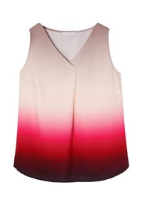 Blouse sans manches avec un design en V. Elle présente une transition de couleur en dégradé du rose clair au rouge profond, fabriquée à partir d'un tissu lisse.