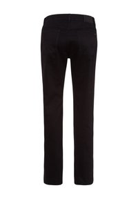 Pantalones rectos negros con una textura suave, con un diseño clásico de cinco bolsillos y una cinturilla para un ajuste seguro.