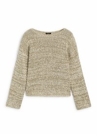 Pull beige clair en maille, coupe ample, large encolure et manches longues. Présente un motif texturé et une longueur raccourcie.