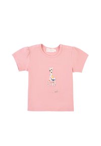 T-shirt di cotone rosa con maniche a sbuffo corte, con un design di giraffa ricamato e accenti floreali sul davanti. Chiusura a scatto sulla spalla.