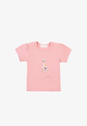 T-shirt di cotone rosa con maniche a sbuffo corte, con un design di giraffa ricamato e accenti floreali sul davanti. Chiusura a scatto sulla spalla.