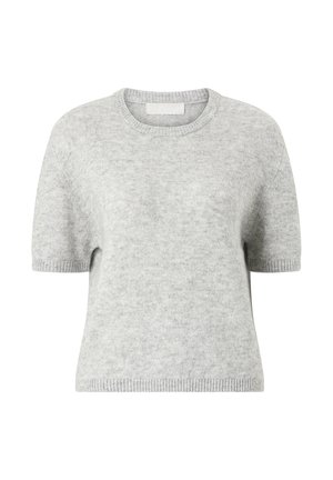 Hellgrauer, kurzärmeliger Strickpullover mit rundem Ausschnitt. Weiche Textur und gerippte Saumakzente. Schlichtes Design, vielseitig zum Layering.