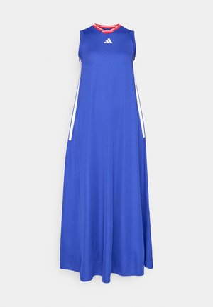 Blue maxi dress made of lightweight fabric with a round neck, sleeveless design, and red accents on the collar. Side stripes in white.