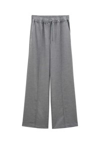 Pantalon gris à jambes larges avec une taille élastique et un cordon à l'avant, avec des poches latérales et une texture de tissu lisse.