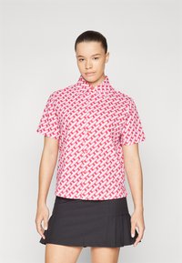 Short-sleeve button-up shirt in pink and white woven pattern, with a collared neckline and a relaxed fit. The fabric has a smooth texture.