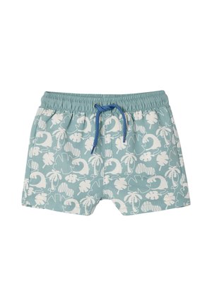 Hellblaue Badeshorts mit weißem tropischem Blatt- und Tiermuster, elastischem Bund und blauer Kordel zum Binden vorne.