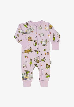 Pink one-piece suit with long sleeves, featuring various cartoon animals and scenes. Zipper front and elastic cuffs for a snug fit.