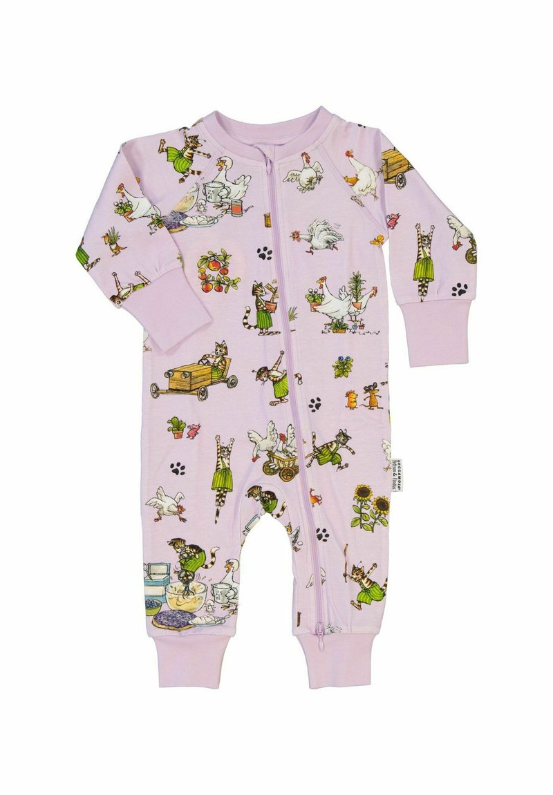 Vaateyksi, jossa on pitkät hihat ja joka on pinkki, kuvastaa erilaisia piirroseläimiä ja kohtauksia. Vetoketju edessä ja joustavat hihansuut takaavat napakan istuvuuden.