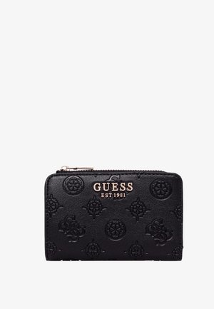 Portafoglio in pelle nera con design del logo in rilievo, hardware tono oro, chiusura con zip e forma rettangolare. Texture liscia con motivi sottili.