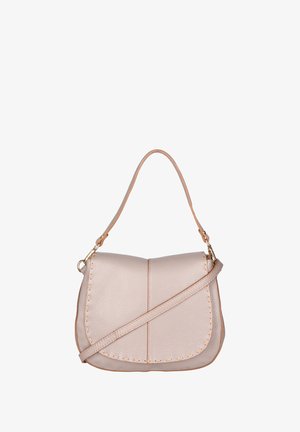 Leren schoudertas in zacht beige met een gestructureerde vorm, versierd met contrasterende stiksels en een afneembare schouderriem.