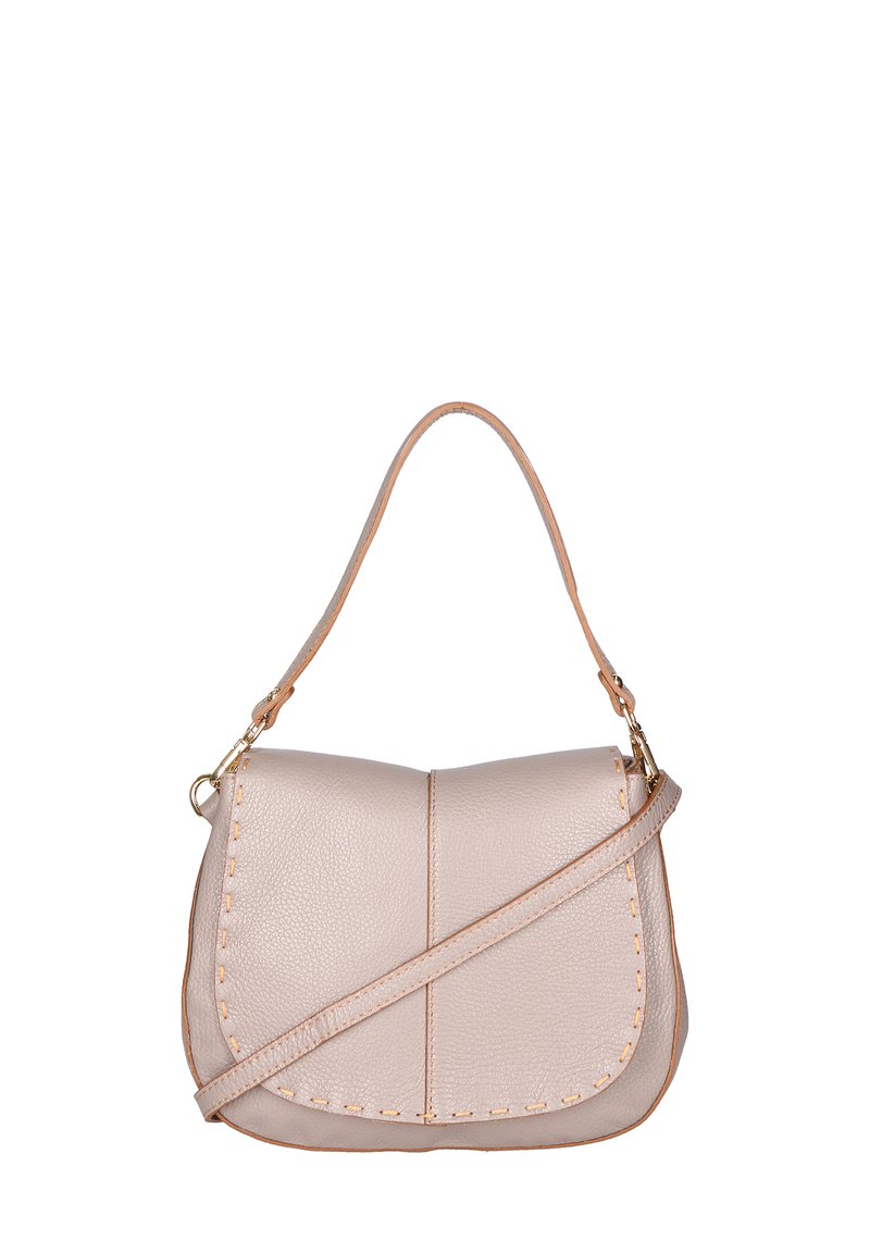 Borsa a tracolla in pelle di un morbido beige, con una forma strutturata, decorata con cuciture a contrasto e una tracolla removibile.