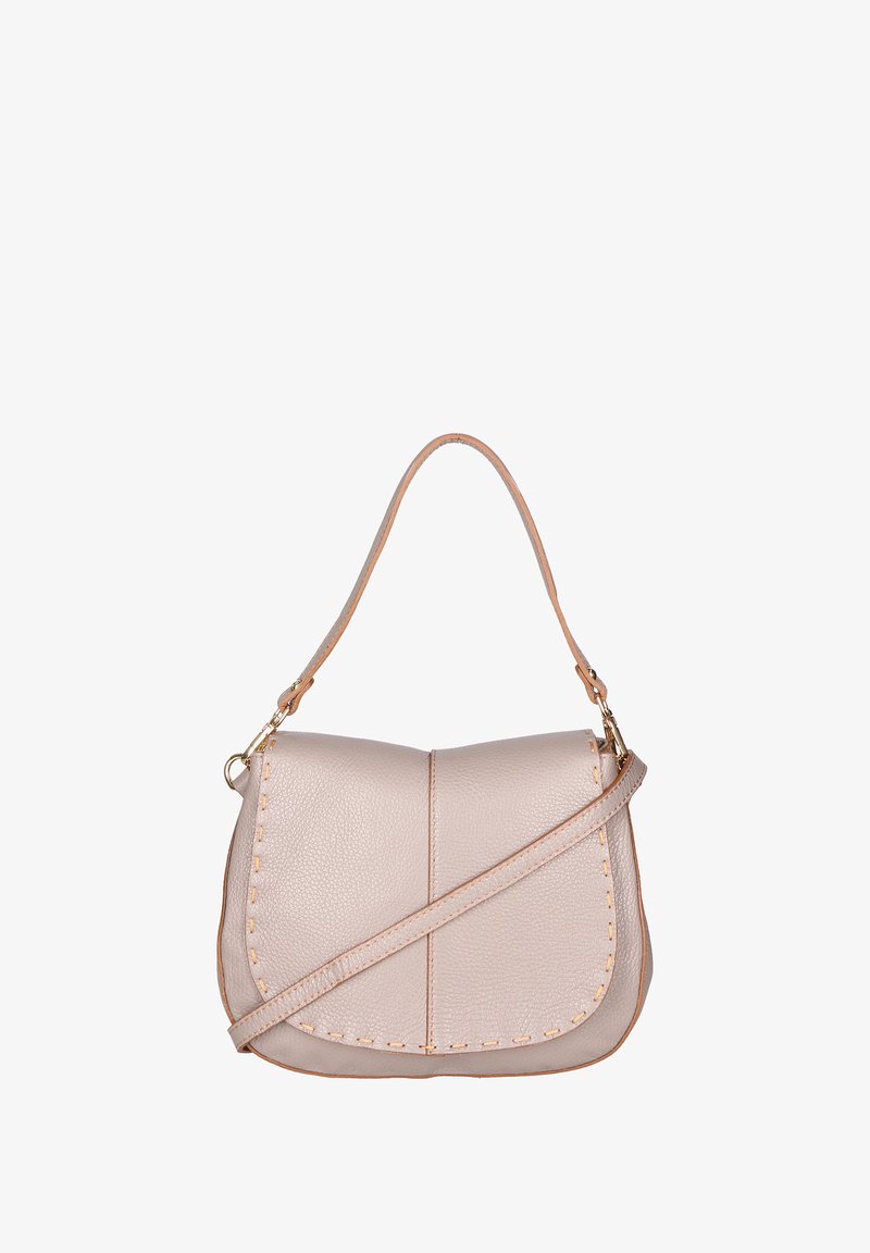 Borsa a tracolla in pelle di un morbido beige, con una forma strutturata, decorata con cuciture a contrasto e una tracolla removibile.