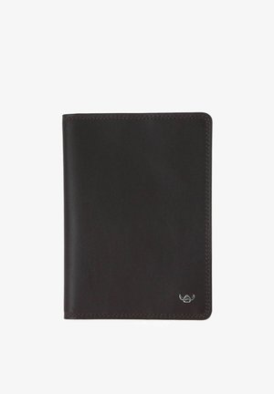 Black leather bifold wallet with stitched edges and a small silver logo in the bottom right corner on a white background.