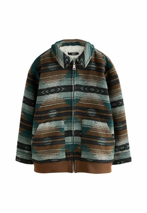 Jacke mit Reißverschluss in Türkis, Braun, Schwarz und Grau mit geometrischen Mustern, zwei Fronttaschen, braunem geripptem Saum und einem mit Fleece gefütterten Kragen.