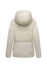 Gewatteerde jas met een gestructureerde crèmewit fleece bovenkant en een zachte beige onderkant. Heeft een capuchon en zijzakken voor praktische doeleinden.