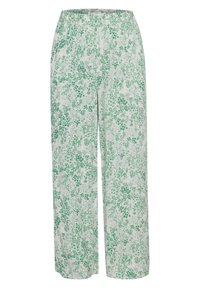 Pantalones de pierna ancha hechos de un tejido ligero, con un patrón floral verde sobre un fondo blanco. Cintura elástica, textura suave.