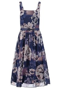 Bezramenné námořnické modré květinové šaty s růžovými a bílými květy, čtvercovým výstřihem, skládáním sukně a odpovídajícím tenkým páskem s sponou ve tvaru listu.
