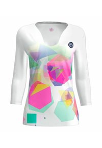 Wit V-hals shirt met lange mouwen, versierd met kleurrijke geometrische patronen in roze, paars, groen en blauw. Heeft een logo op de bovenste linkerzijde.