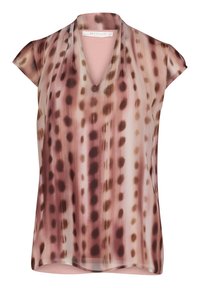 Blouse à manches courtes en tissu léger, avec un décolleté en V et un motif à pois rose et marron agrémenté de rayures verticales.