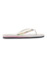 Flip-flop dengan pola bunga yang menampilkan tali berwarna putih, sol berwarna merah muda dan navy, serta alas kaki yang empuk untuk kenyamanan. Desain termasuk aksen berwarna-warni.