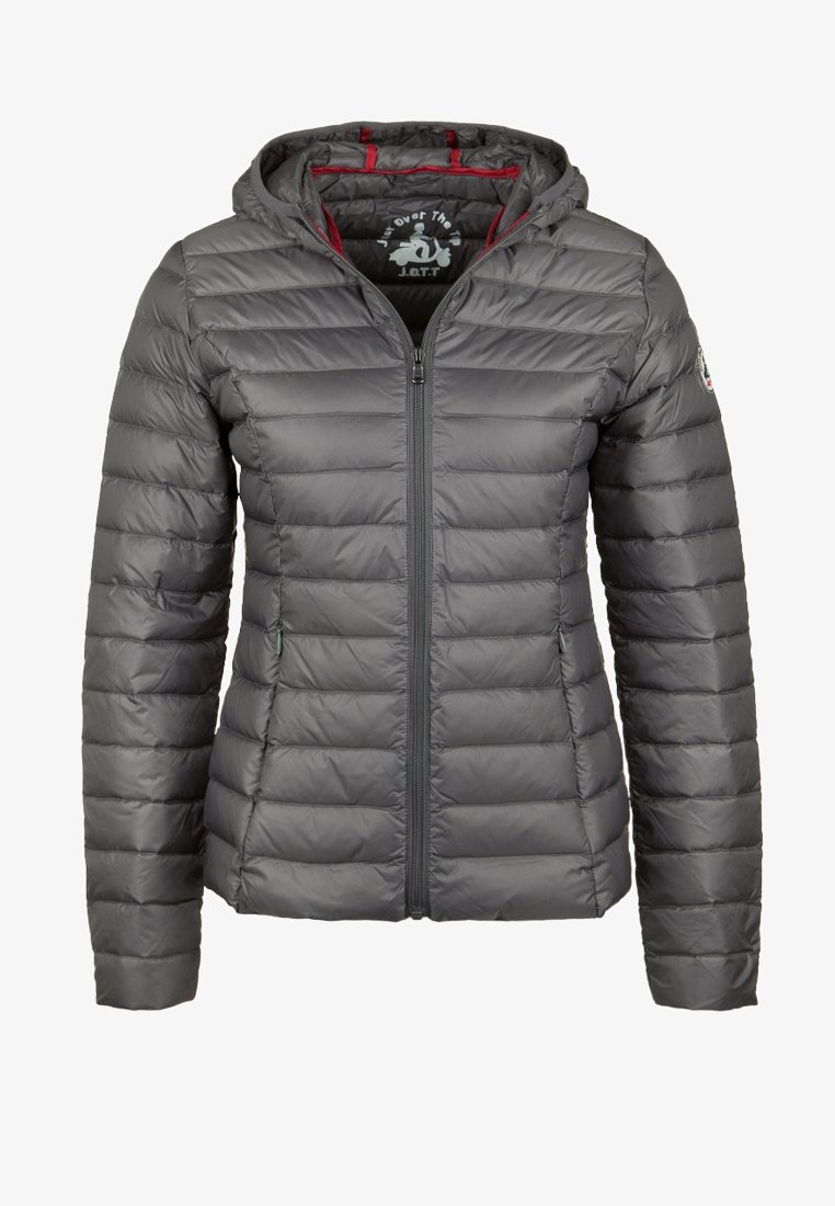 Gray puffer jacket with a zip front and hood, featuring horizontal quilting, red inner lining, and logo patch on the left sleeve.