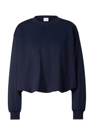 Marineblaue Langarm-Crewneck-Sweatshirt mit gerippten Bündchen und einem kleinen V-förmigen Steppdetail unter dem Kragen.