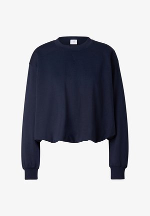 Marineblaue Langarm-Crewneck-Sweatshirt mit gerippten Bündchen und einem kleinen V-förmigen Steppdetail unter dem Kragen.