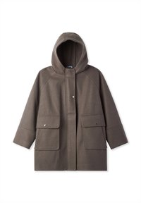 Cappotto marrone con cappuccio, dotato di due tasche laterali, realizzato in tessuto testurizzato, con chiusura frontale e maniche raglan.