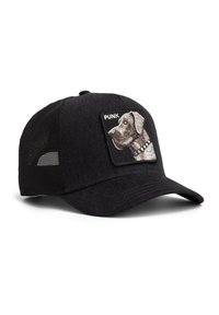 Gorra de béisbol de malla negra con un parche que muestra el perfil de un perro con un collar de púas y la palabra "PUNK" encima.