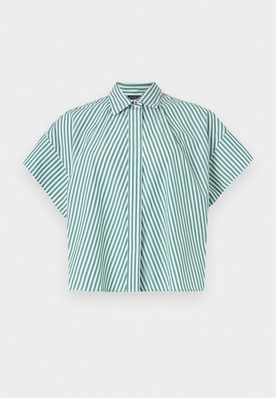 Short-sleeve shirt featuring vertical green and white stripes, a button-down collar, and a front placket design.