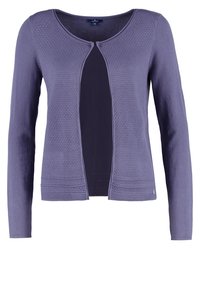 Cardigan violet à manches longues, panneau avant texturé, encolure ronde, devant ouvert et fines rayures horizontales au niveau de l'ourlet.