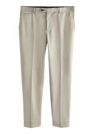 Light beige trousers with a textured fabric, straight cut, front pockets, and a button closure. Cuffed hems add detail and structure.
