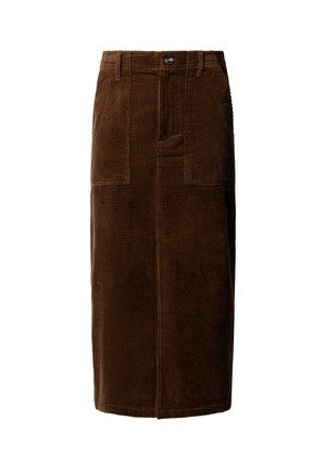 Hnedá manšestrová sukňa po kolená s prednými našitými vreckami, pútka na opasok a zapínanie na gombík a zips, zobrazená na bielom pozadí.