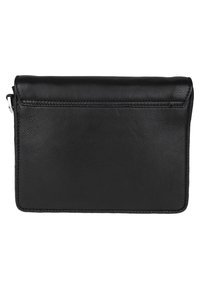 Borsa in pelle nera con superficie liscia, forma rettangolare, chiusura superiore con zip e cuciture minime. Presenta una tasca posteriore per ulteriore spazio di archiviazione.