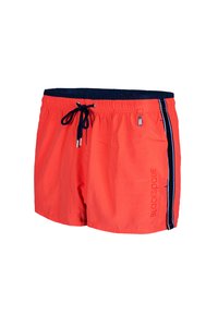 Pantaloncini da nuoto rossi con vita elastica, cordino blu navy e strisce laterali con dettagli bianchi e blu navy. Logo "BLOCKSPODE" in evidenza.