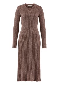 Langärmliges Midikleid aus strukturierter brauner Rippstrickware. Figurbetonter Schnitt mit Rundhalsausschnitt und leicht ausgestellt gesäumt.