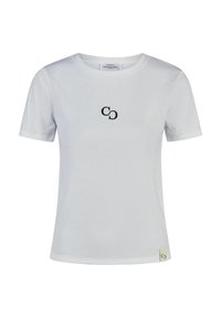 Weißes, geripptes Kurzarm-T-Shirt mit schwarzem, gesticktem Logo auf der Brust und einem kleinen Etikett auf der unteren linken Seite.