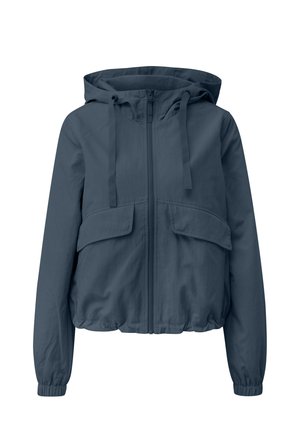 Marineblaue Kapuzenjacke mit Frontreißverschluss, Kordelzug an der Kapuze, elastischen Bündchen und zwei großen Klappentaschen vorne.