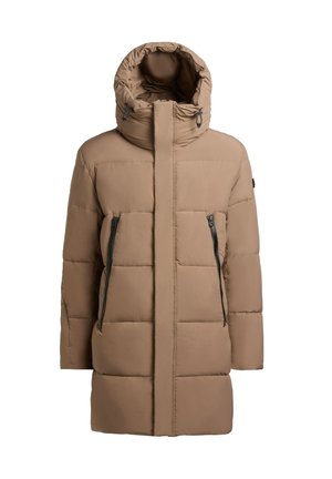Pruun puffy jope kõrge kraega, lukuga küljetaskud, lappidega muster ja reguleeritav kapuuts. Valmistatud siledast, kergest materjalist.