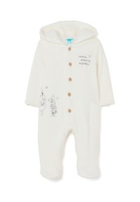 Weißer Strickoverall mit Kapuze, ausgestattet mit braunen Knöpfen, zwei Taschen und Illustrationen von Figuren. Weicher Stoff mit Fleece-Futter.