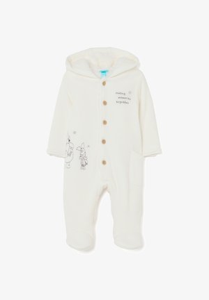 Combinaison en tricot blanche avec capuche, ornée de boutons marron, de deux poches et d'illustrations de personnages. Texture douce avec doublure en polaire.