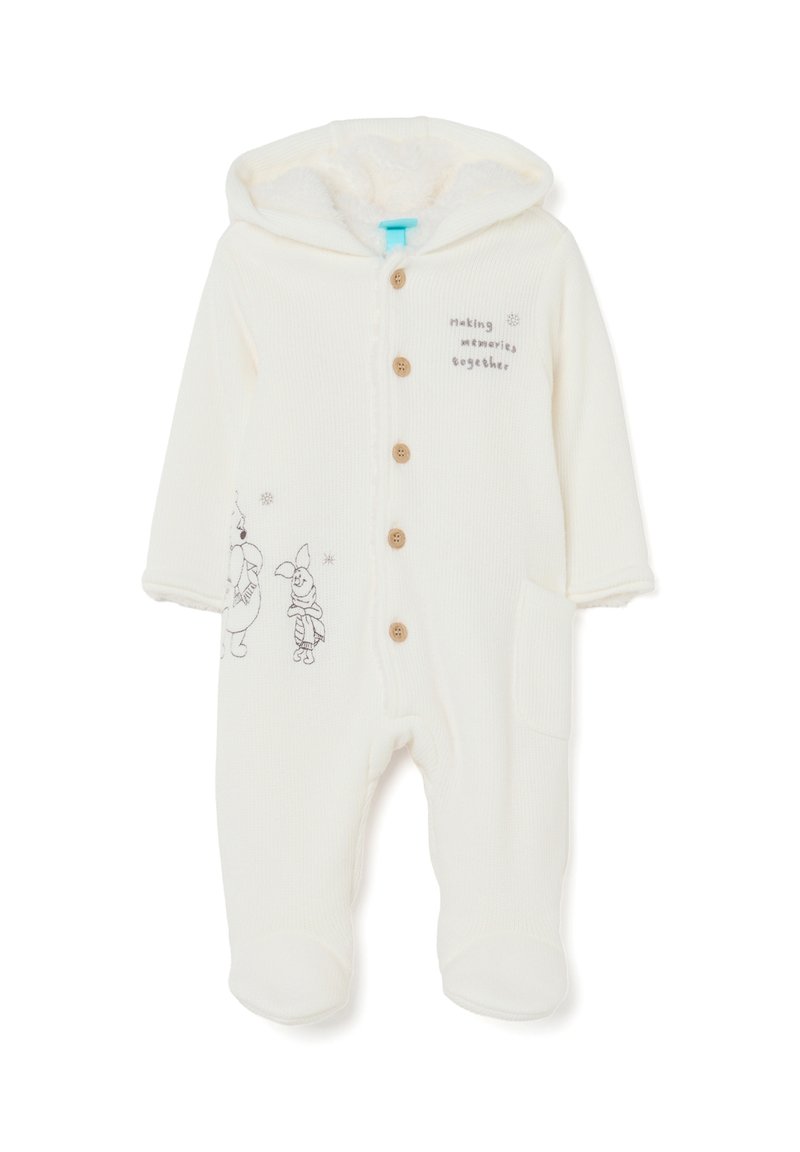 Weißer Strickoverall mit Kapuze, ausgestattet mit braunen Knöpfen, zwei Taschen und Illustrationen von Figuren. Weicher Stoff mit Fleece-Futter.